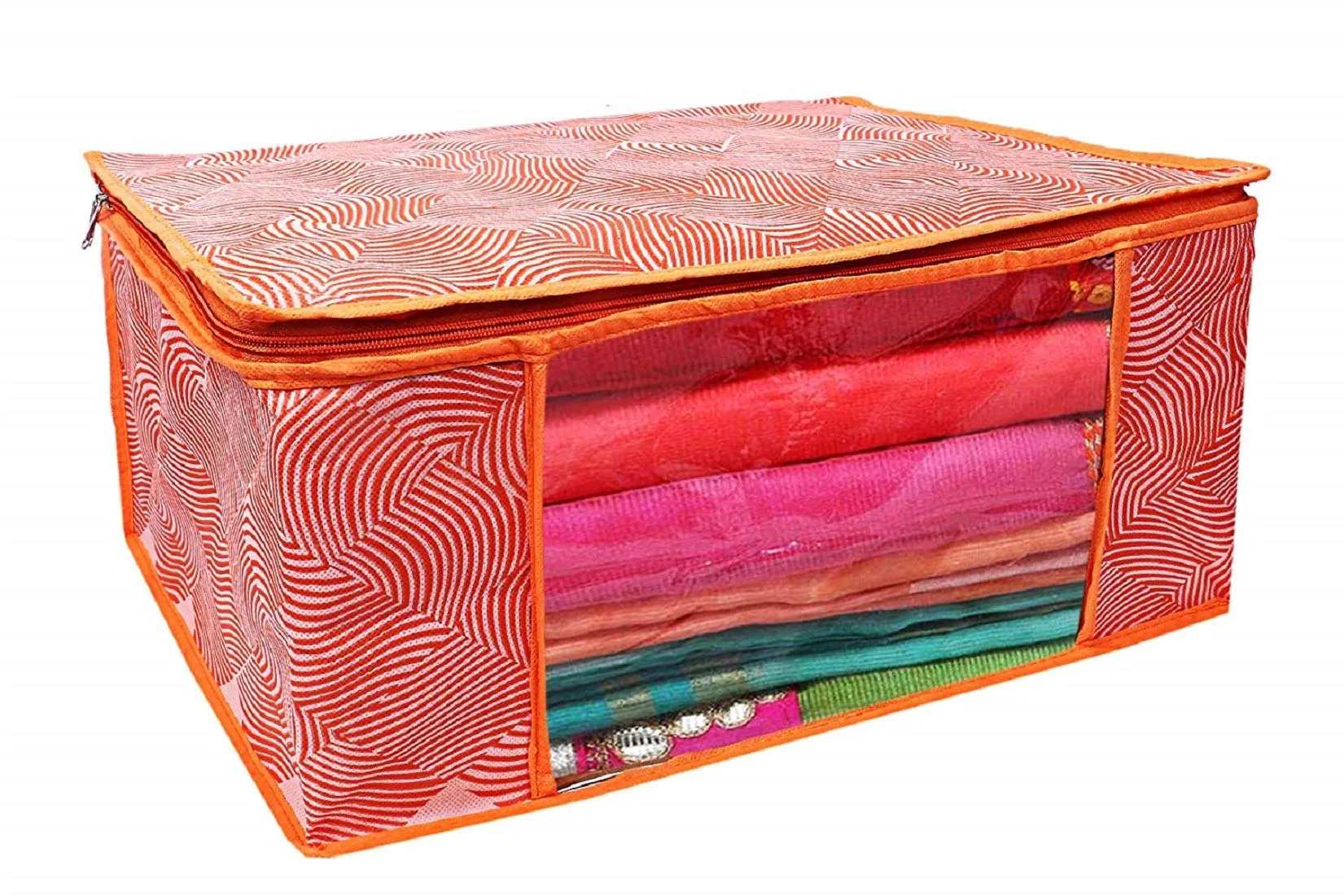 Kuber Industries Laheriya Printed Non Woven 3 Pieces Saree Cover and 2 Pieces Underbed Storage Bag, Cloth Organizer for Storage, Blanket Cover Combo Set (Orange) -CTKTC38694