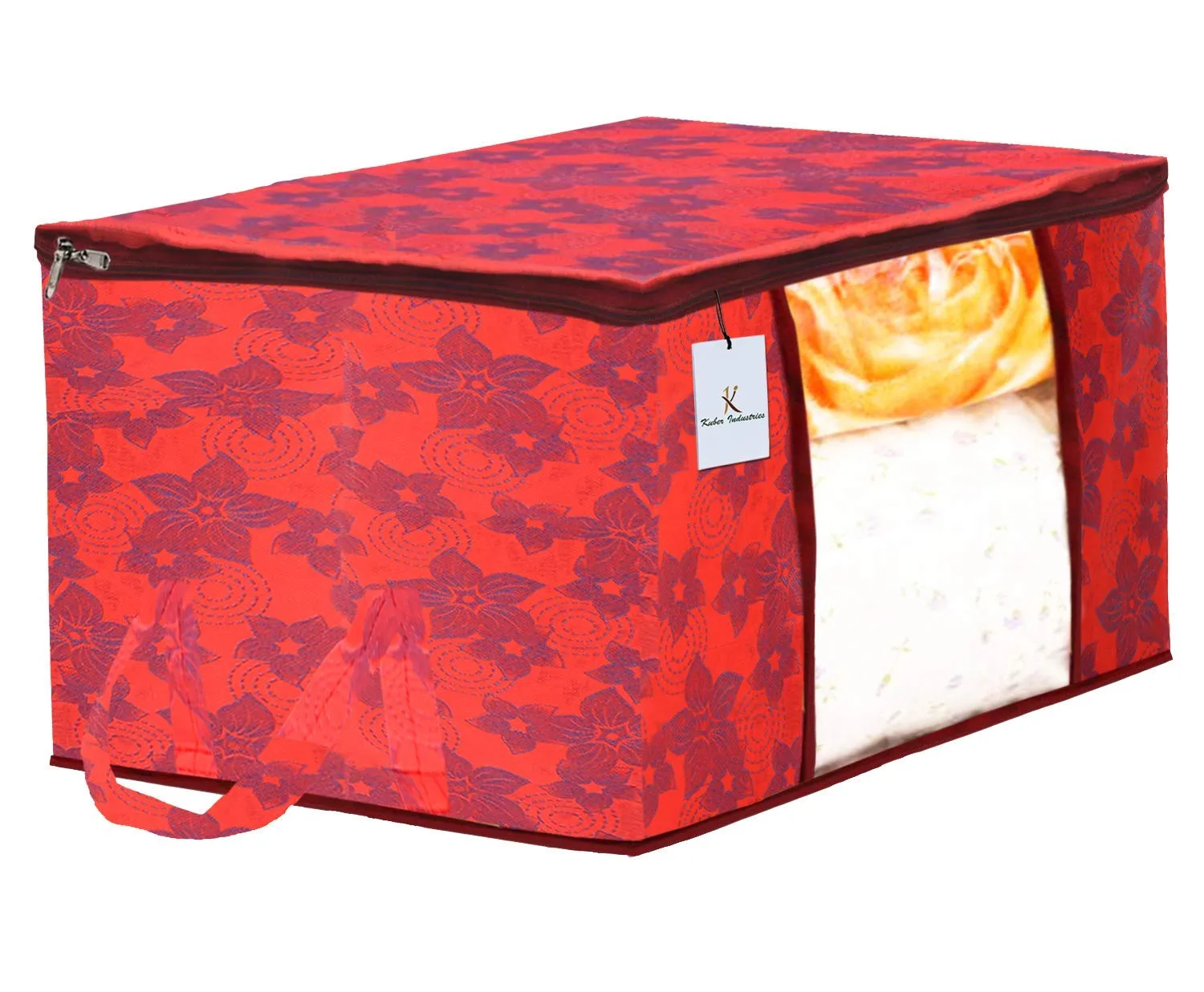 Kuber Industries Metalic Printed 6 Piece Non Woven Saree Cover and 6 Pieces Underbed Storage Bag, Storage Organiser, Blanket Cover, Beige & Red -CTKTC42465