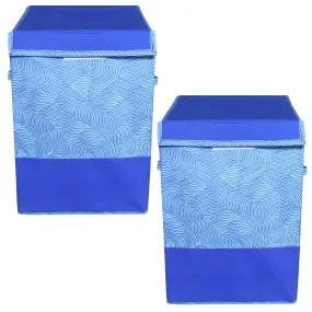 Kuber Industries Multiuses Leheriya Print Non-Woven Laundry Basket, Clothes Hamper For Laundry Closet, Bedroom, Bathroom With Lid & Handles Pack of 2 (Blue)