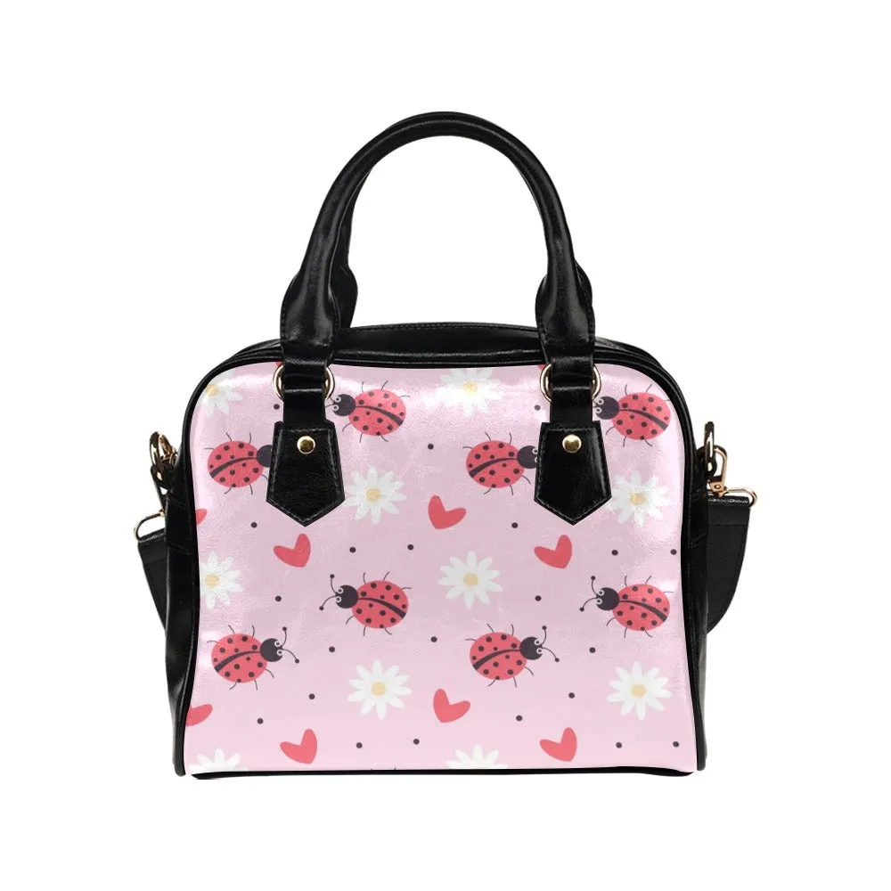 Ladybug Shoulder Purse, Cute Pink Daisy Floral Small Retro Vintage Vegan Leather Women Designer Handbag with Strap Crossbody Ladies Bag