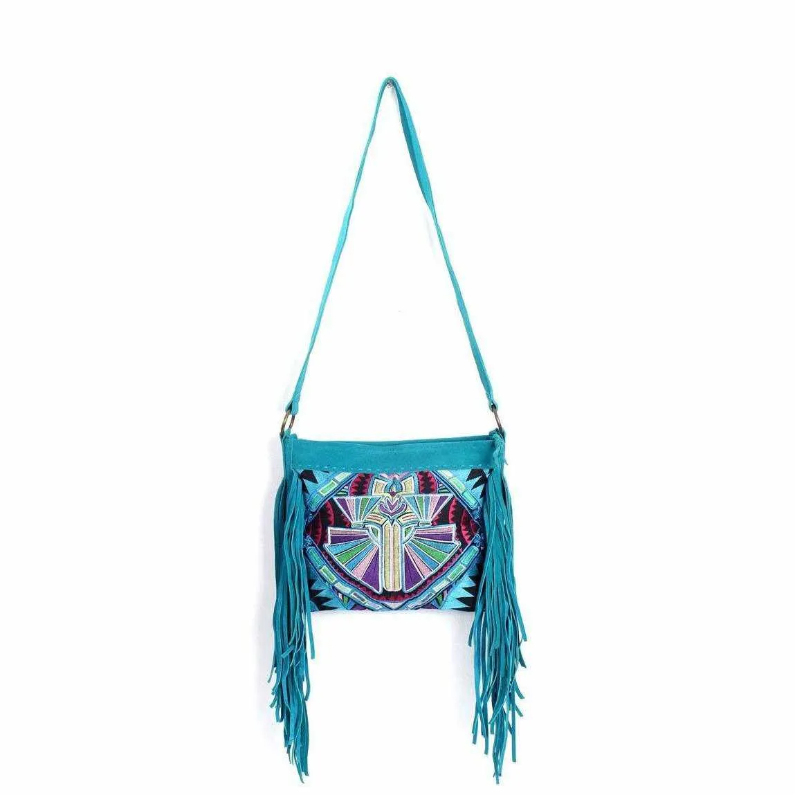 Leather Fringe Embroidered Crossbody Bag - Thailand