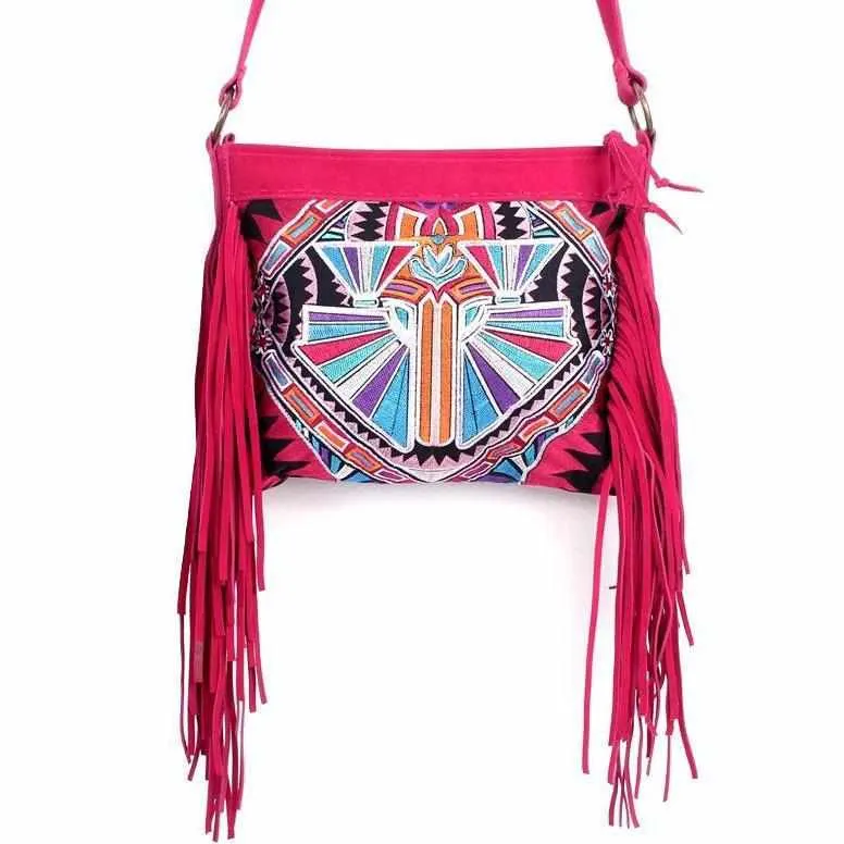 Leather Fringe Embroidered Crossbody Bag - Thailand