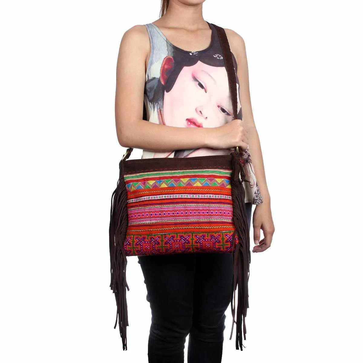 Leather Fringe Embroidered Crossbody Bag - Thailand