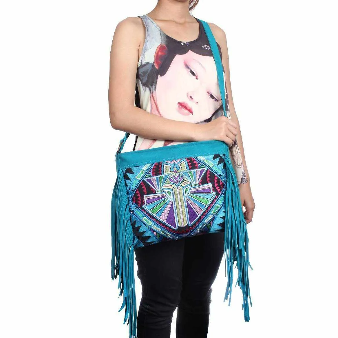 Leather Fringe Embroidered Crossbody Bag - Thailand