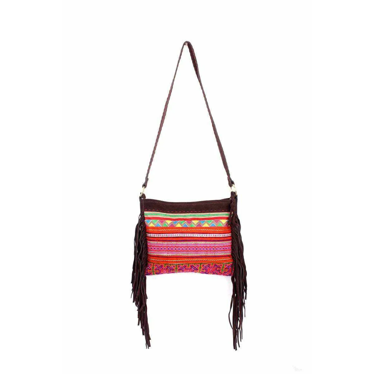 Leather Fringe Embroidered Crossbody Bag - Thailand