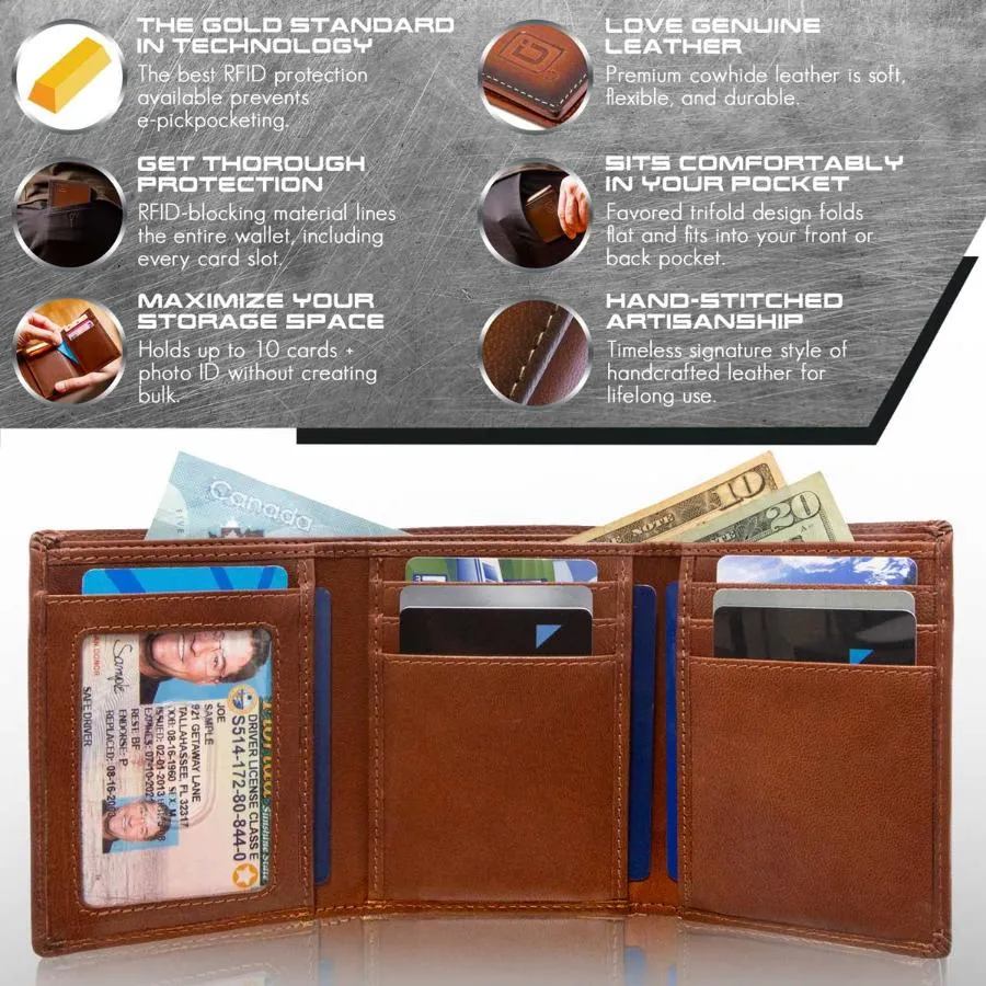 Mens RFID Wallet - Extra Capacity Trifold 8 slot with ID Window