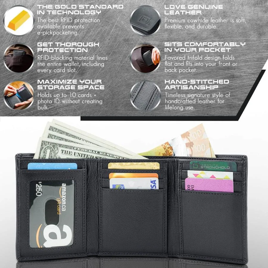 Mens RFID Wallet - Extra Capacity Trifold 8 slot with ID Window