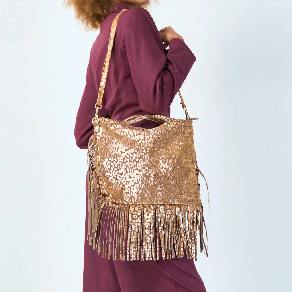 Metallic fringe animal print crossbody wholesale