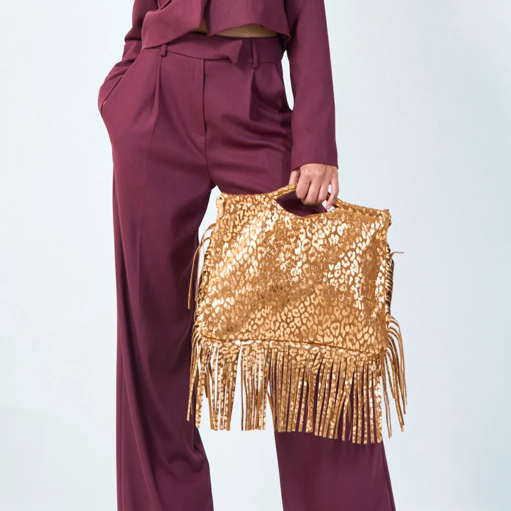 Metallic fringe animal print crossbody wholesale