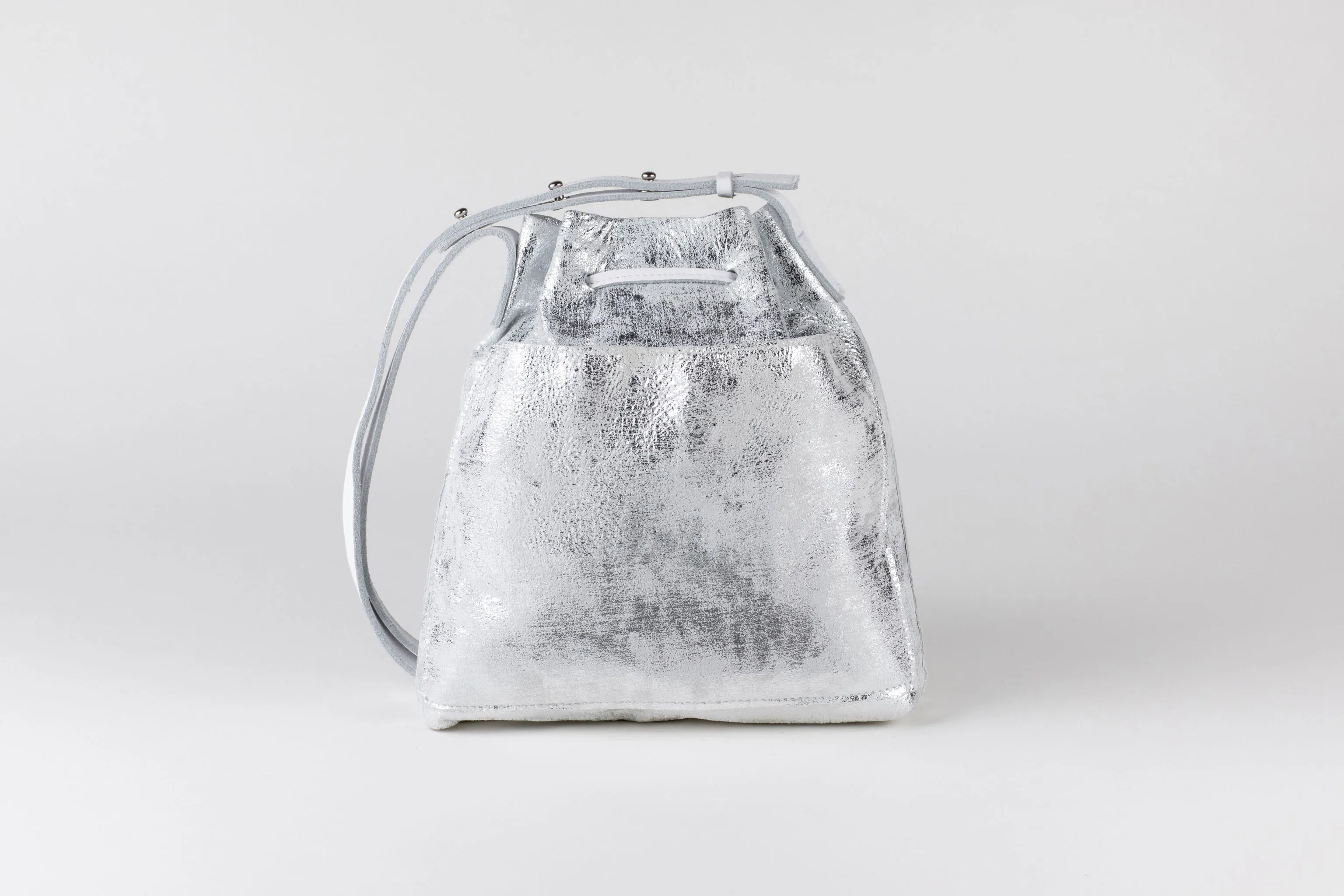 Mini Crossbody Tote | White Silver Metallic Leather   Silver Hardware