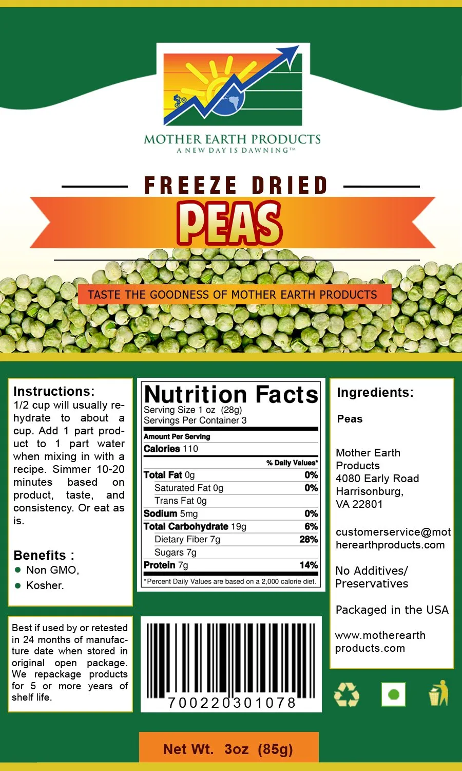 Mother Earth Products - Freeze-Dried Peas (2 Cup Mylar Bag)