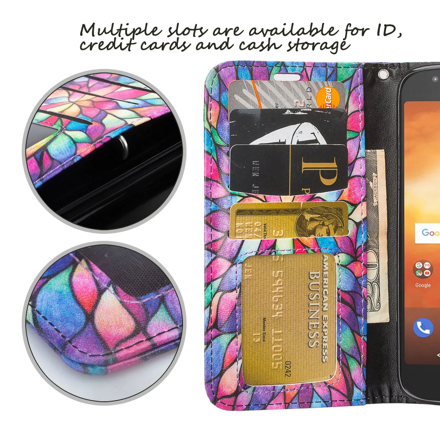 Motorola Moto G6 Play Case, G6 Forge, Wrist Strap Pu Leather Wallet Case [Kickstand] with ID & Credit Card Slots - Rainbow Flower