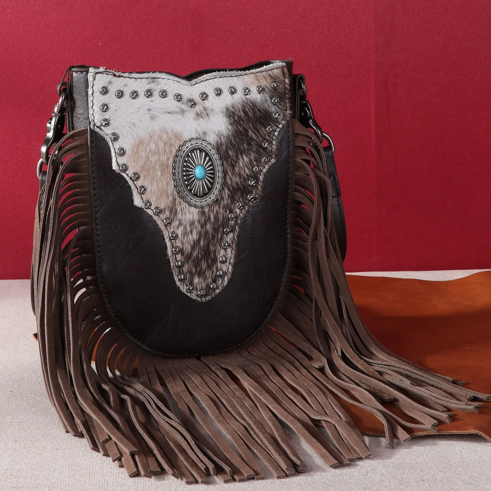 MW1243-8369 Montana West Hair-On Cowhide Fringe Crossbody