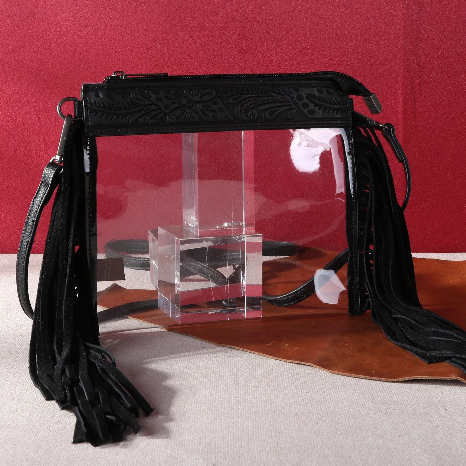 MW1257-A191  Montana West Western Fringe Stadium Clear Crossbody Bag