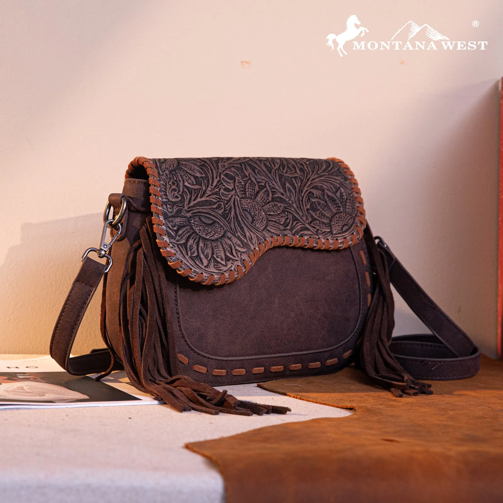 MW1274-8360 Montana West Tooled Saddle Fringe Crossbody - Coffee