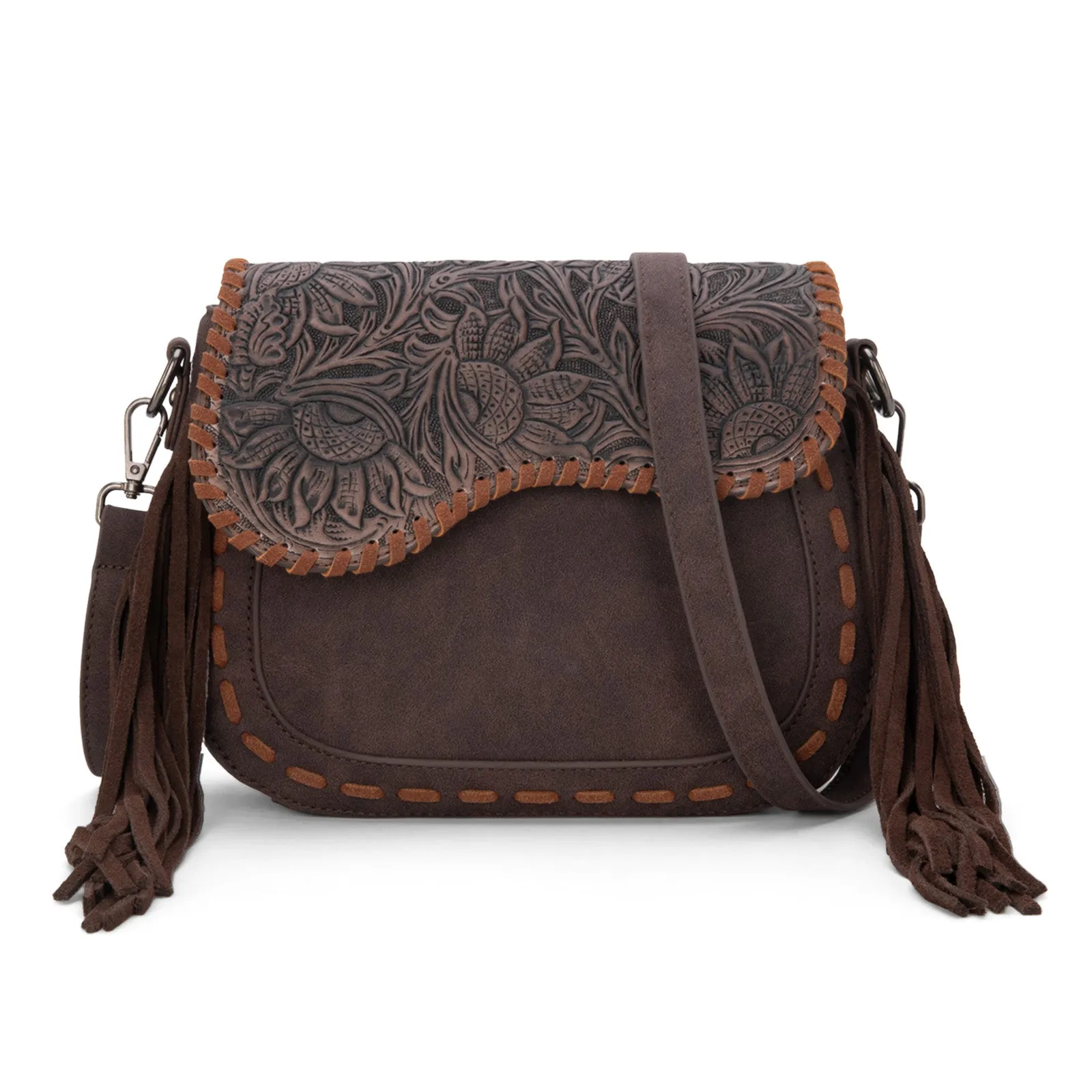 MW1274-8360 Montana West Tooled Saddle Fringe Crossbody - Coffee