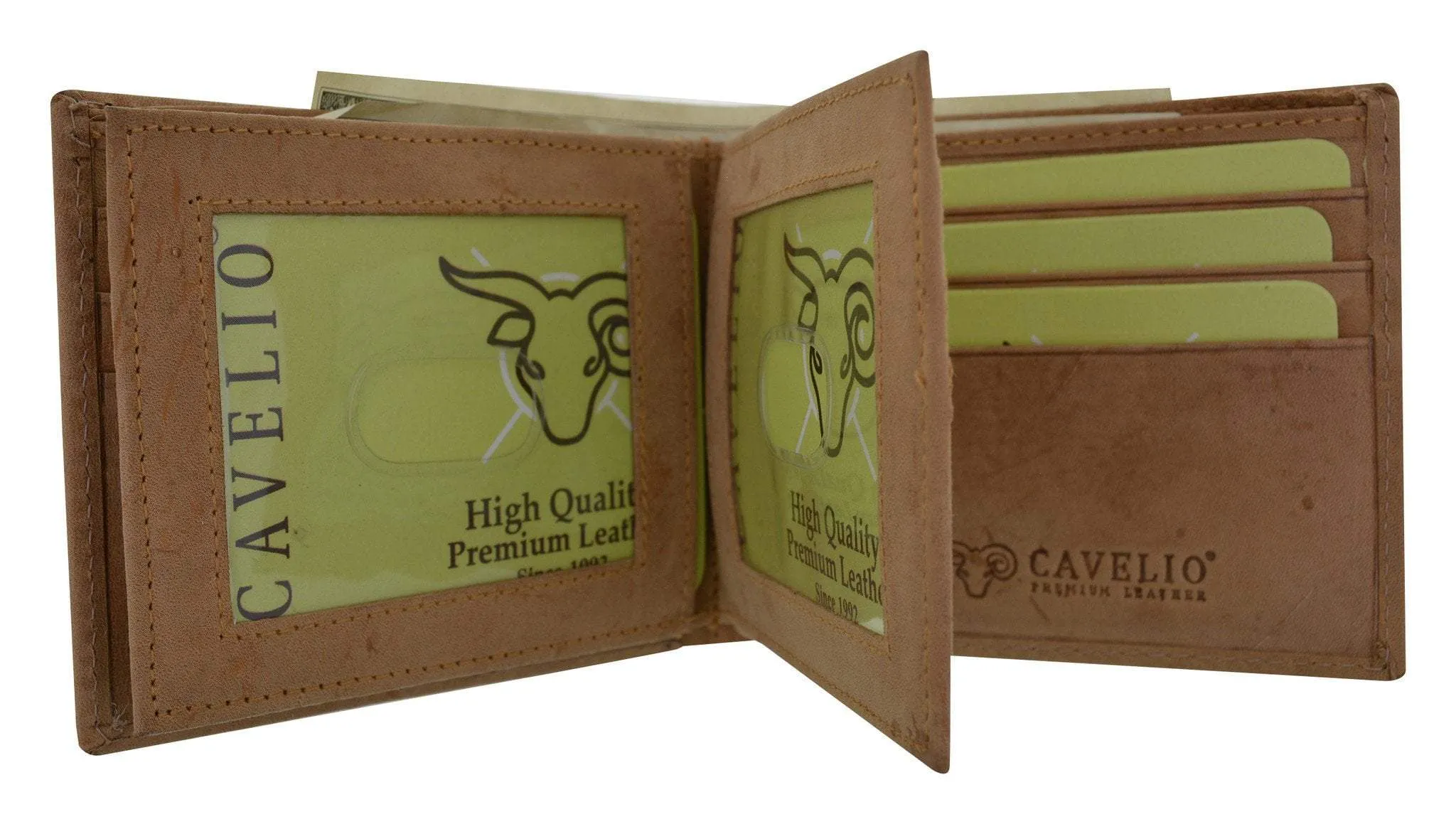 New Cavelio Hunter Premium Leather 2 Center Flaps 2 ID Windows Card Holder Bifold Wallet HU1852 (C)