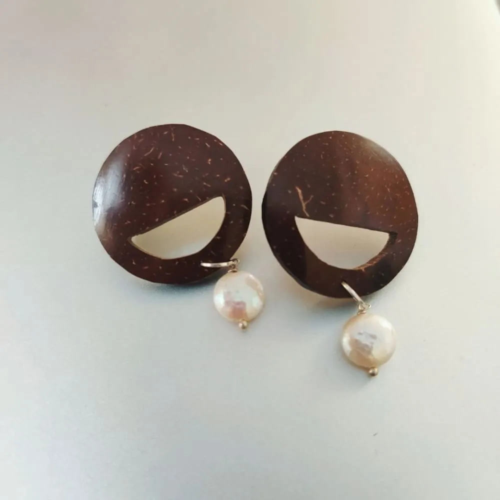 Pearl & Round Coconut Shell Earrings  (Golden Hook)