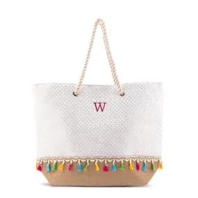 Personalized Extra-Large Woven Straw Tote Bag - Color Fringe