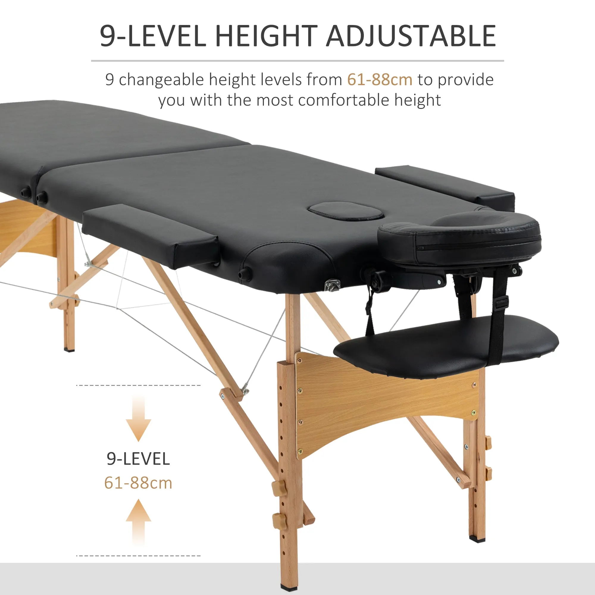 Portable Massage Bed, Folding Spa Beauty Massage Table with 2 Sections, Carry Bag and Wooden Frame, Black