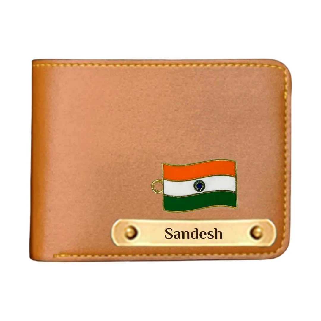 Premium Vegan leather Personalized wallet with Indian Flag Charm - Tan