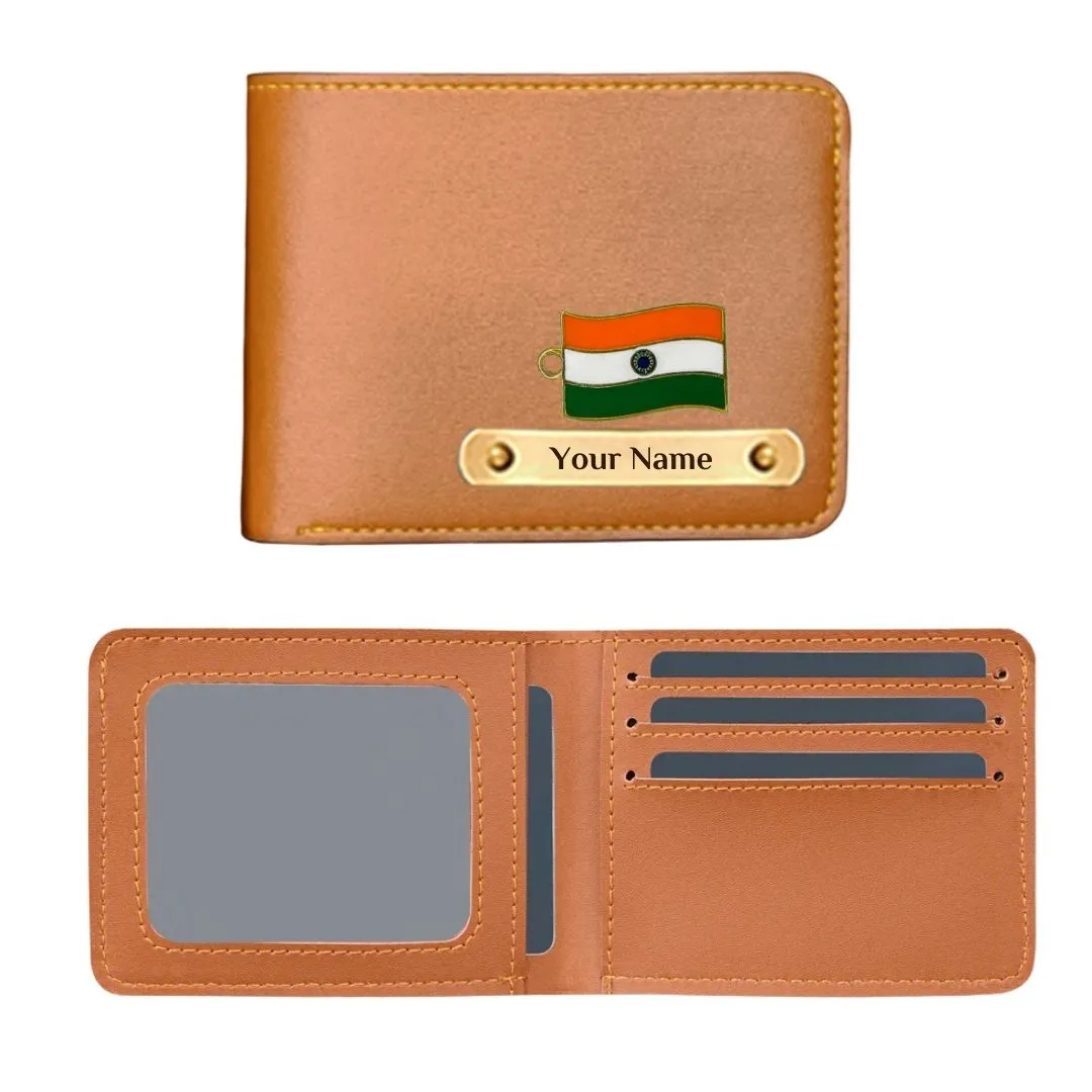 Premium Vegan leather Personalized wallet with Indian Flag Charm - Tan