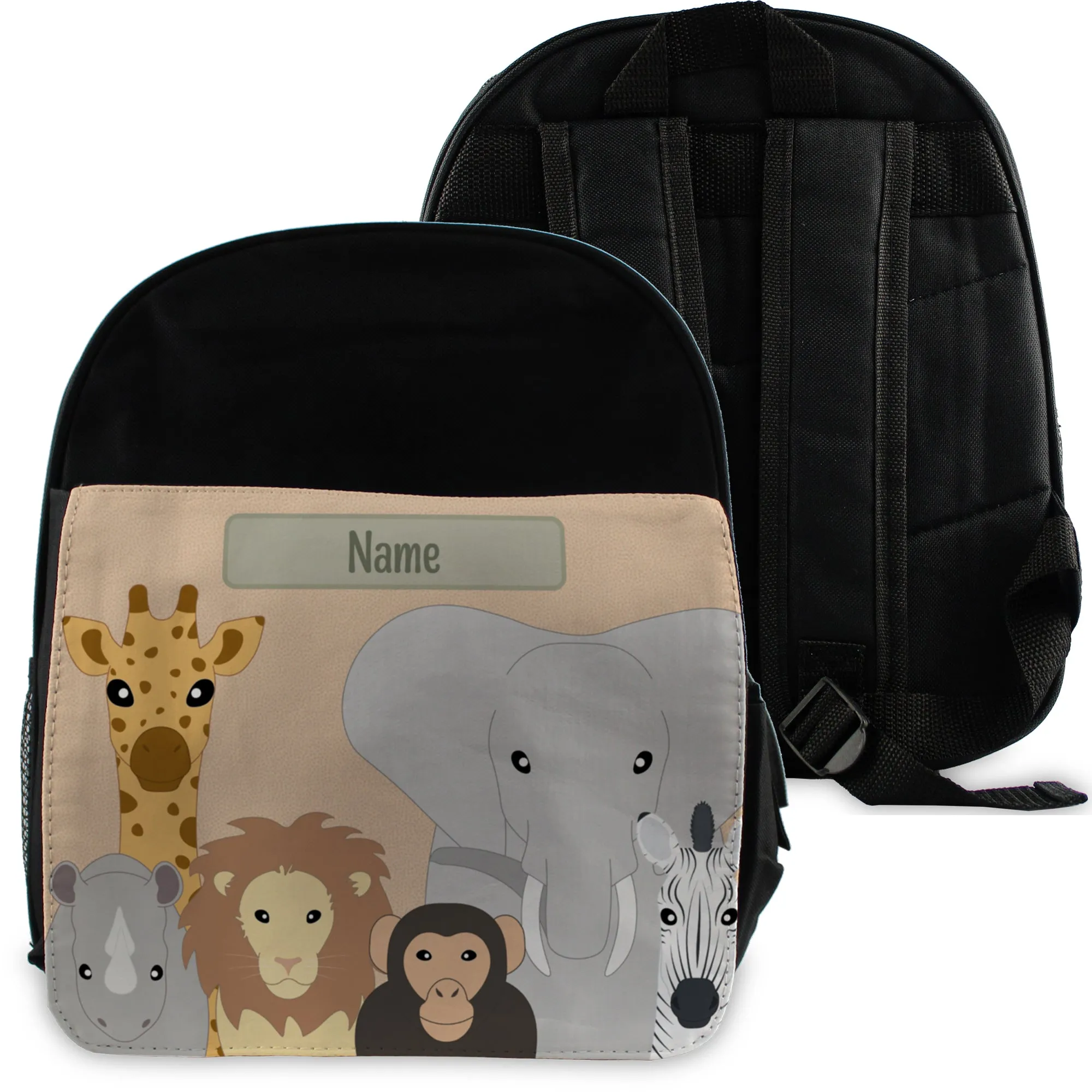 Printed Kids Black Backpack with Safari Animals Design, Customise with Any Name