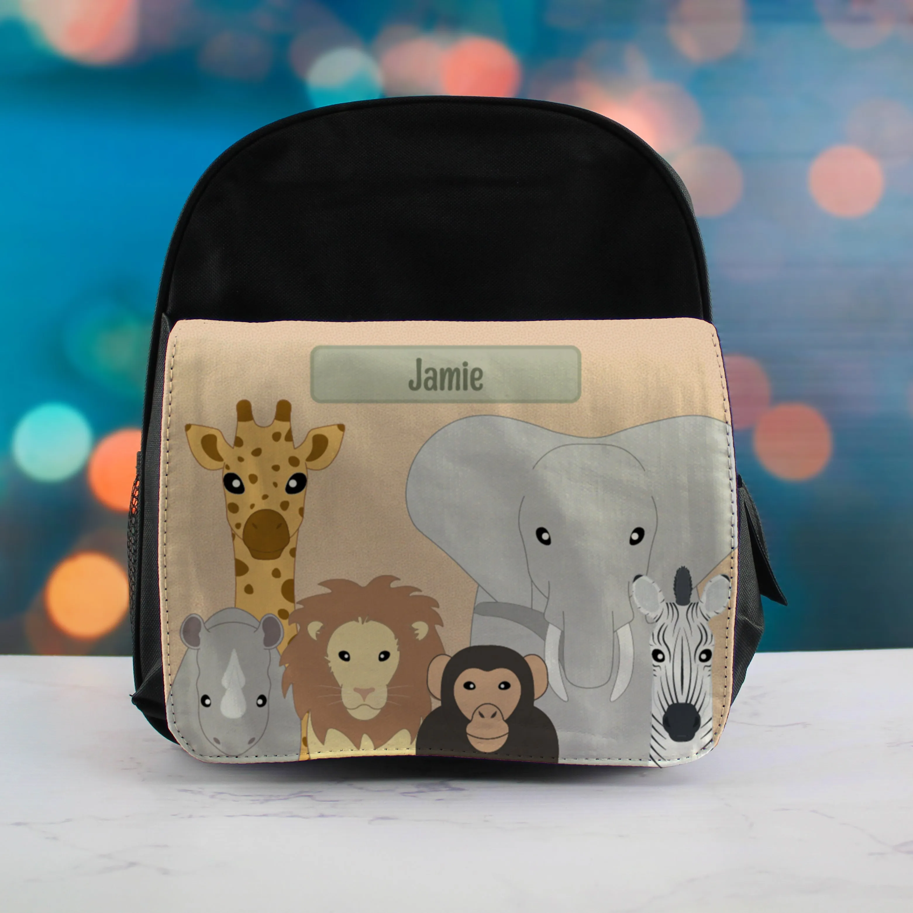 Printed Kids Black Backpack with Safari Animals Design, Customise with Any Name