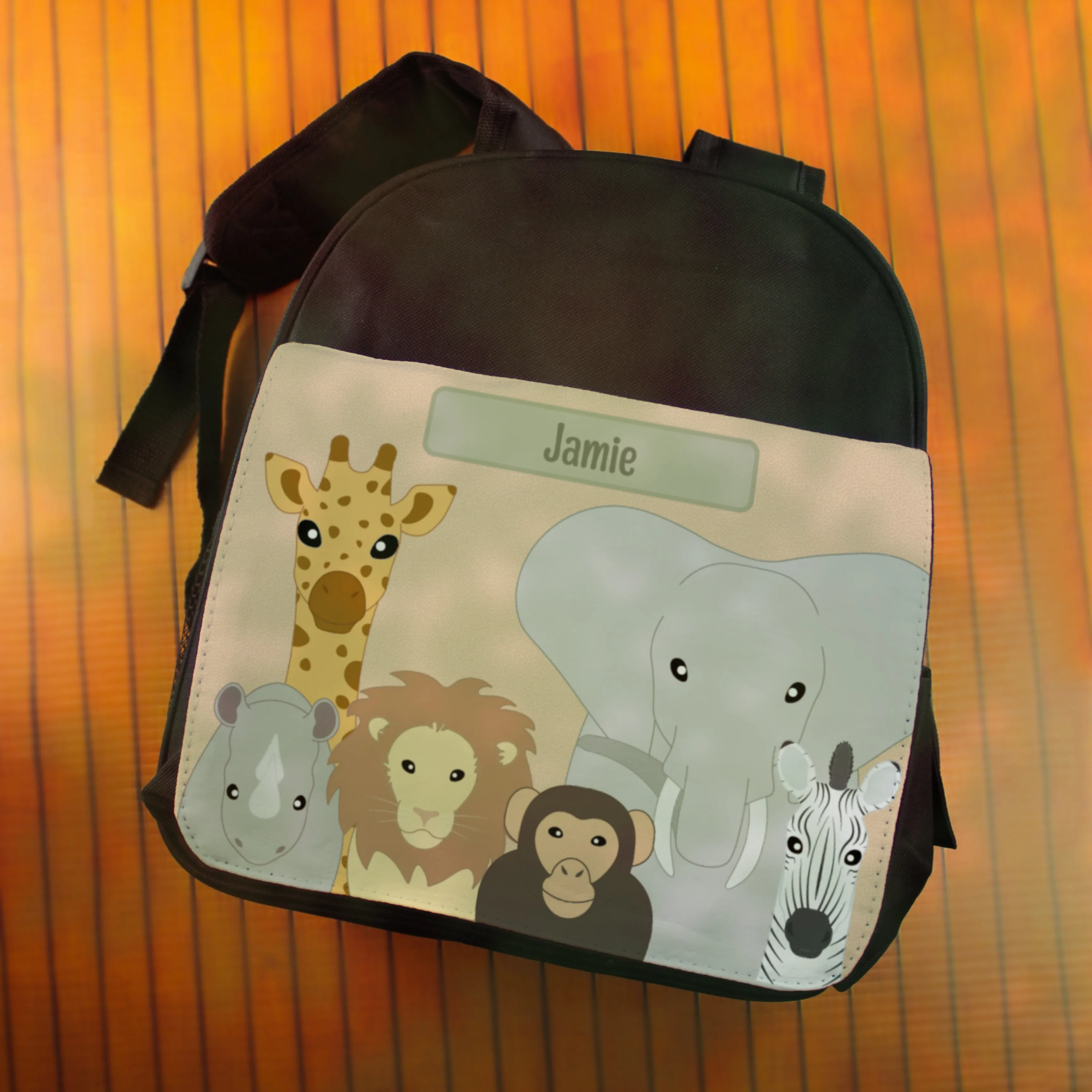 Printed Kids Black Backpack with Safari Animals Design, Customise with Any Name