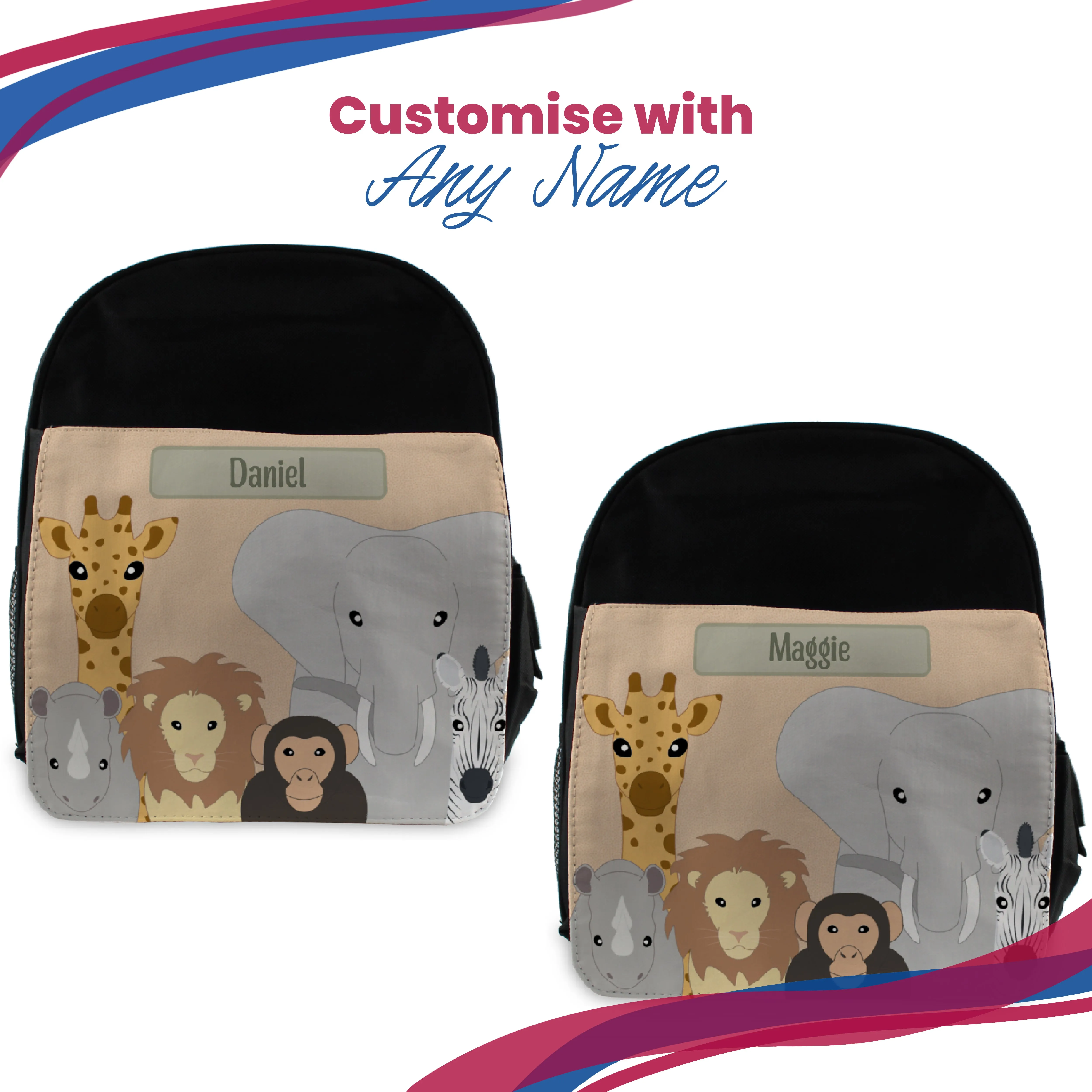 Printed Kids Black Backpack with Safari Animals Design, Customise with Any Name