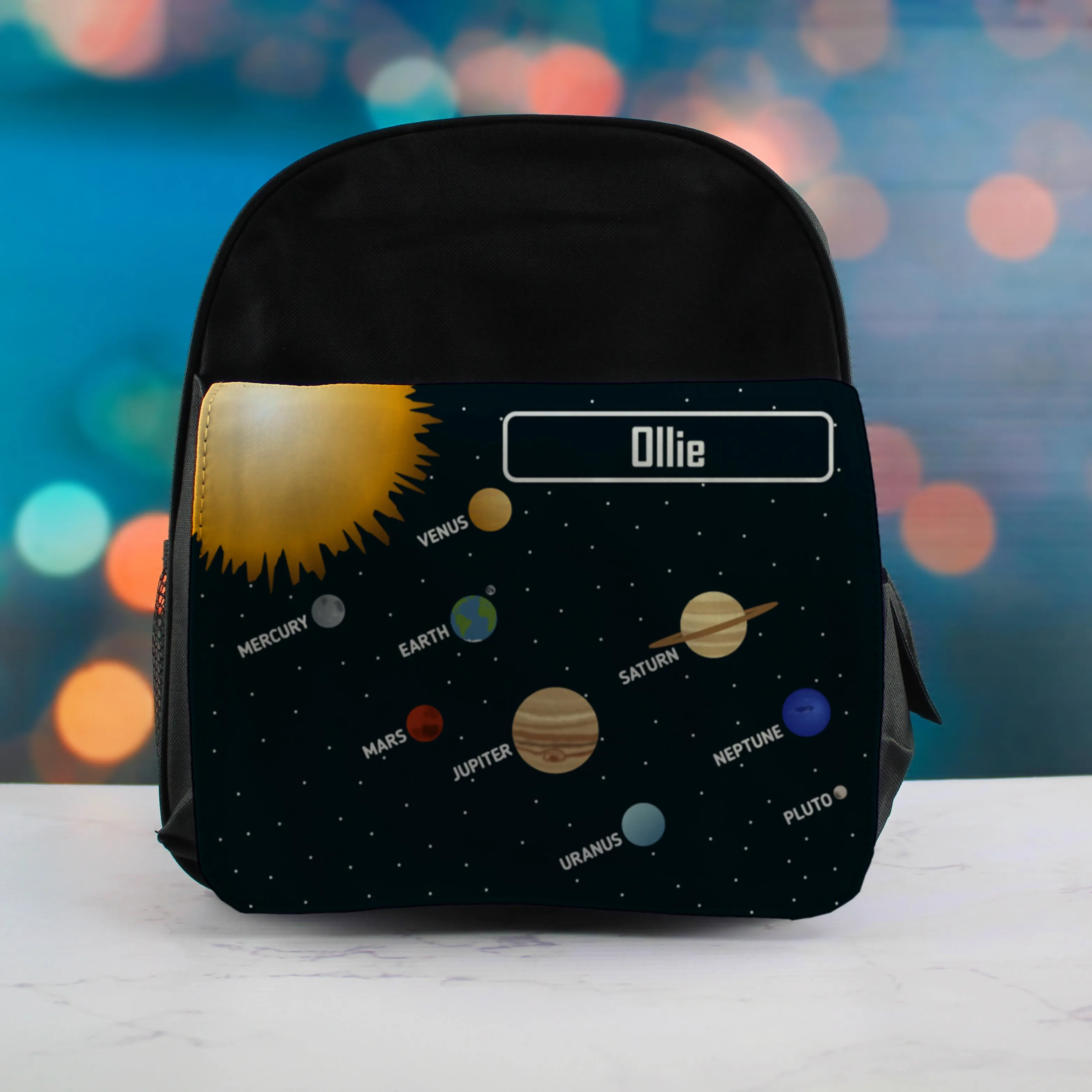 Printed Kids Black Backpack with Solar System Design, Customise with Any Name