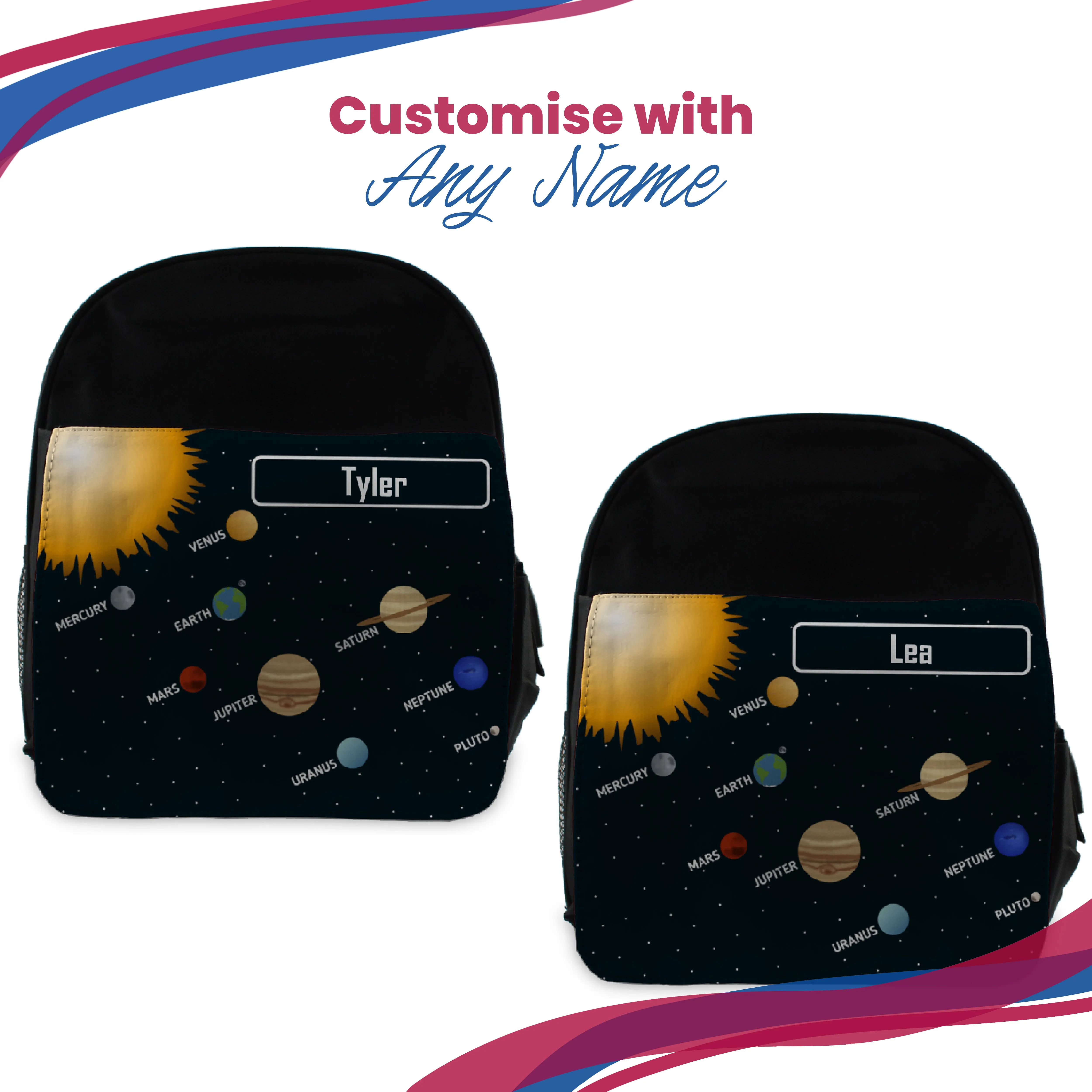 Printed Kids Black Backpack with Solar System Design, Customise with Any Name