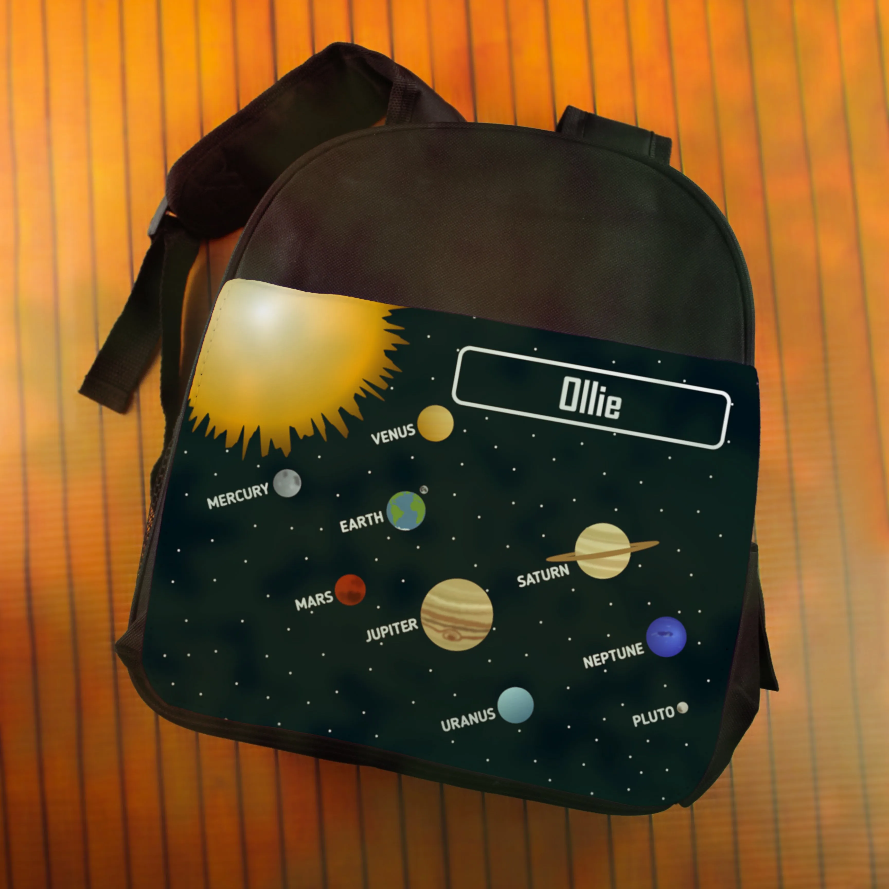 Printed Kids Black Backpack with Solar System Design, Customise with Any Name