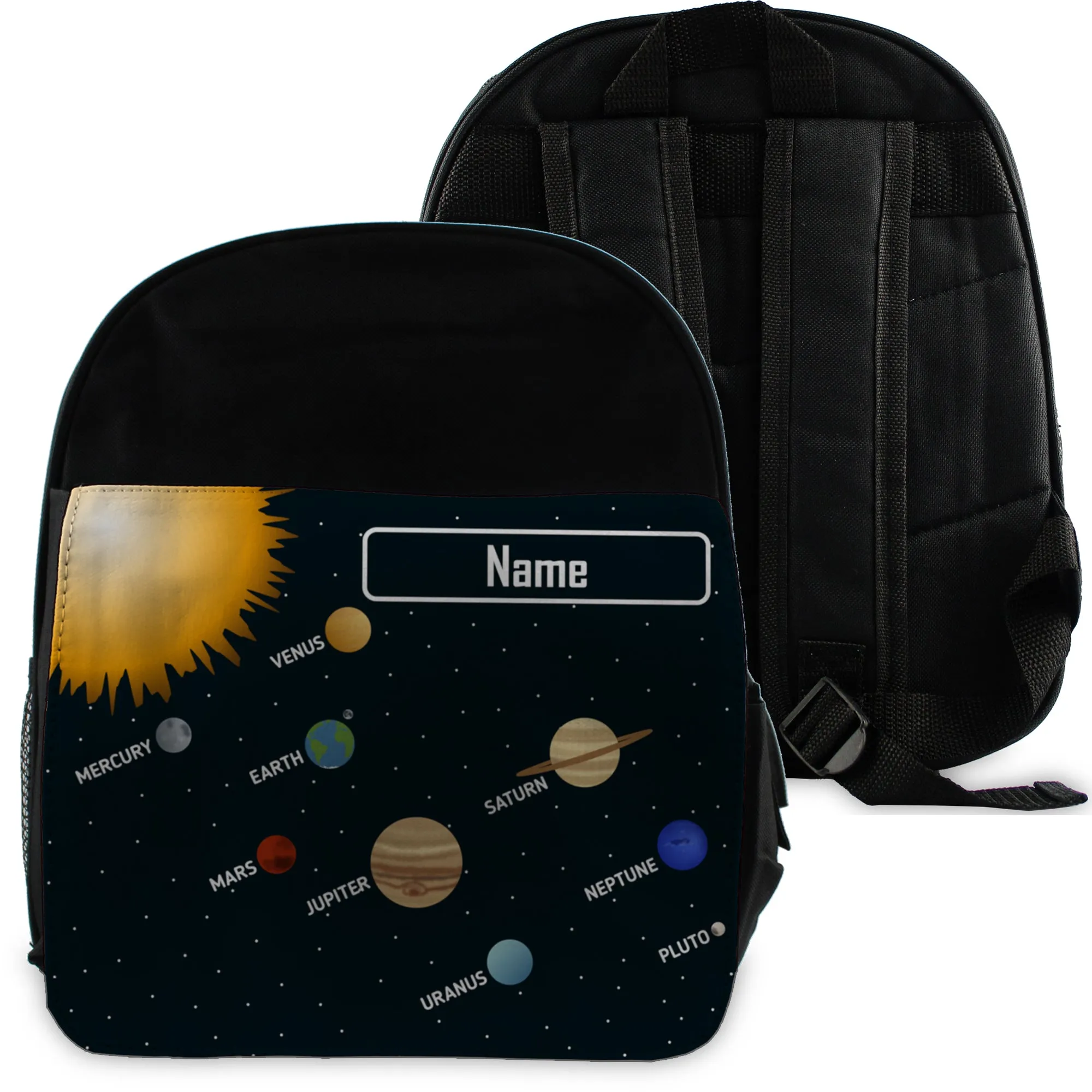 Printed Kids Black Backpack with Solar System Design, Customise with Any Name