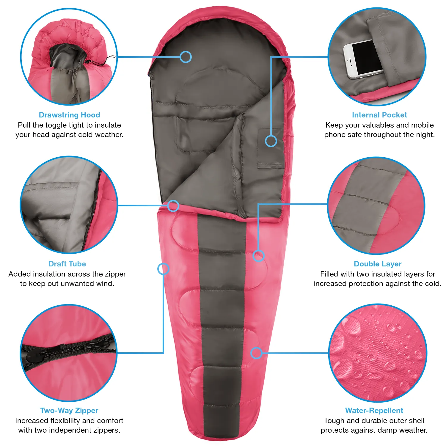 Professional 3-4 Season Mummy Sleeping Bag - Pink - (300 GSM) - 1 Season