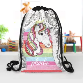 Rainbow Unicorn Custom Kids Flip Sequin Drawstring Bag | Personalized Backpacks