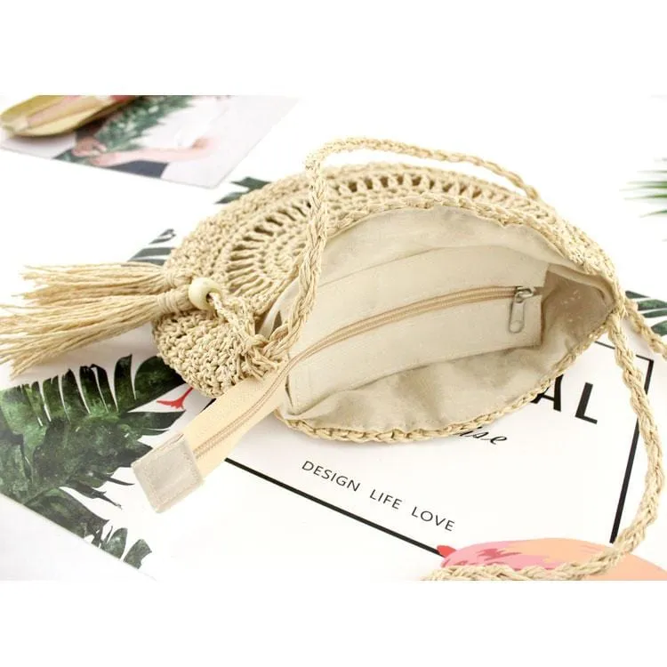 Rattan Tassel Crossbody Bag - Beige