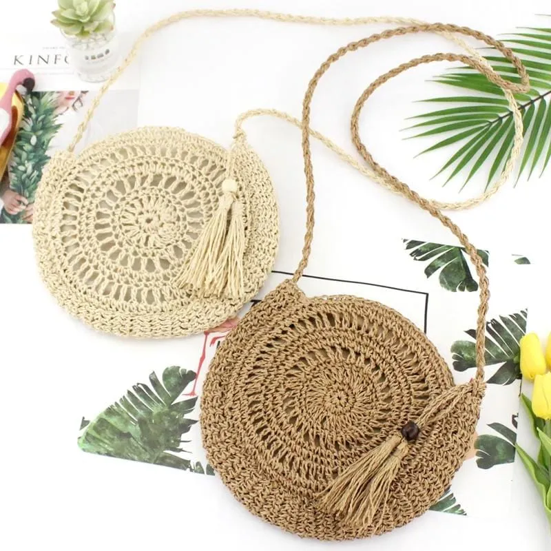 Rattan Tassel Crossbody Bag - Beige