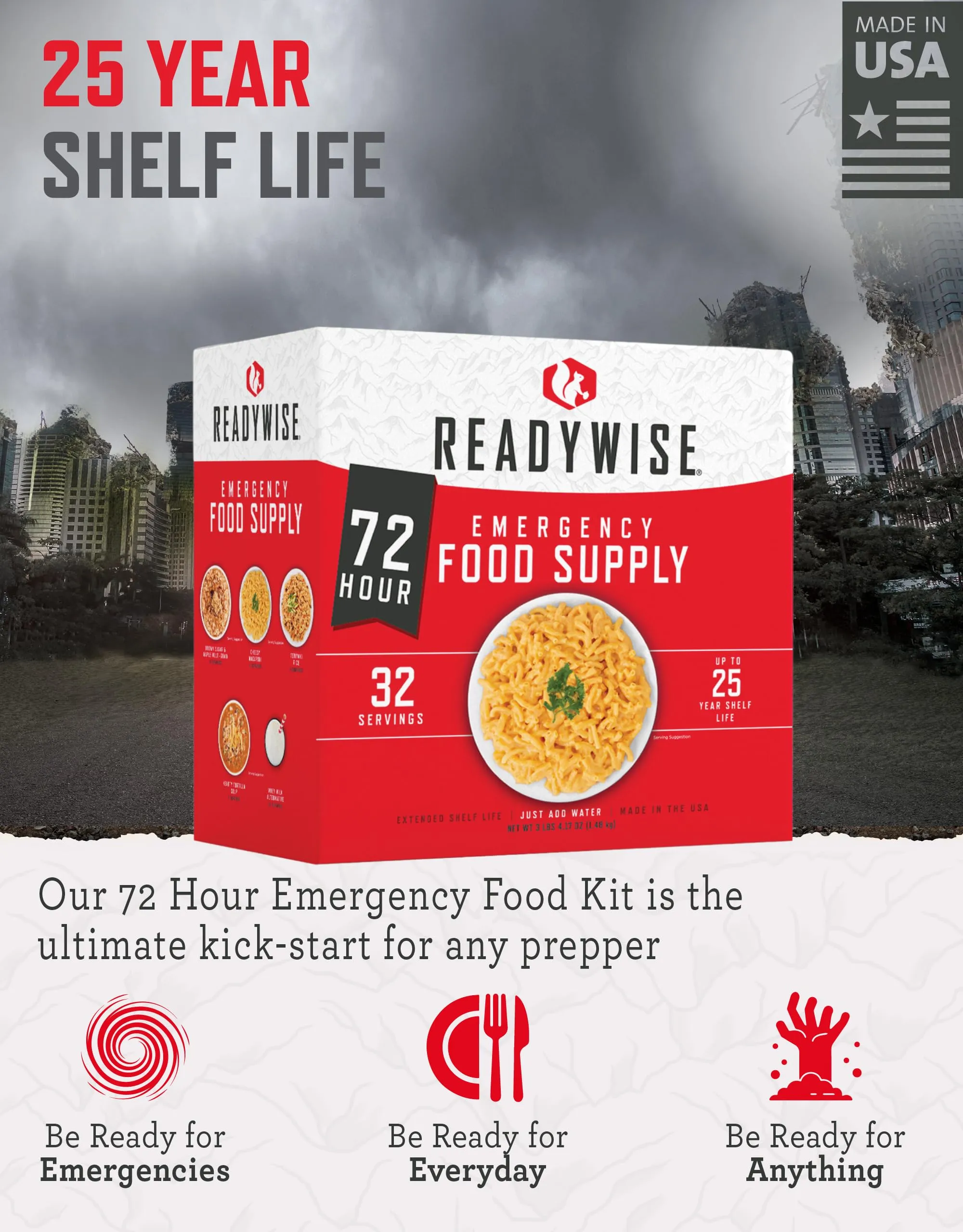 READYWISE - 72 Hours, 32 Servings, Emergency Food Supply, MRE, Pre-made, Freeze-Dried, Survival Food, Meal Essentials for, Camping, Hiking, and, Emergencies, Individually Packaged, 25-Year Shelf Life