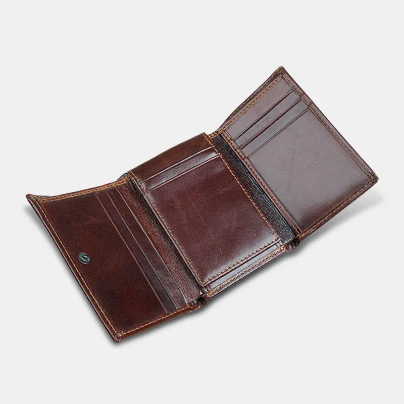 RFID Blocking Genuine Leather Card Holder Vintage Short 7-Card Slots Tri-fold Wallet For Men