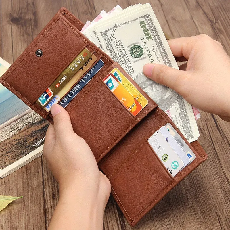 RFID Blocking Genuine Leather Card Holder Vintage Short 7-Card Slots Tri-fold Wallet For Men