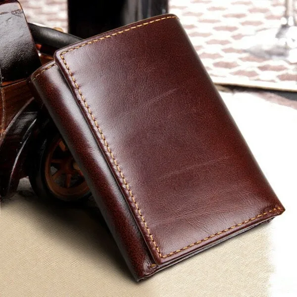 RFID Blocking Genuine Leather Card Holder Vintage Short 7-Card Slots Tri-fold Wallet For Men