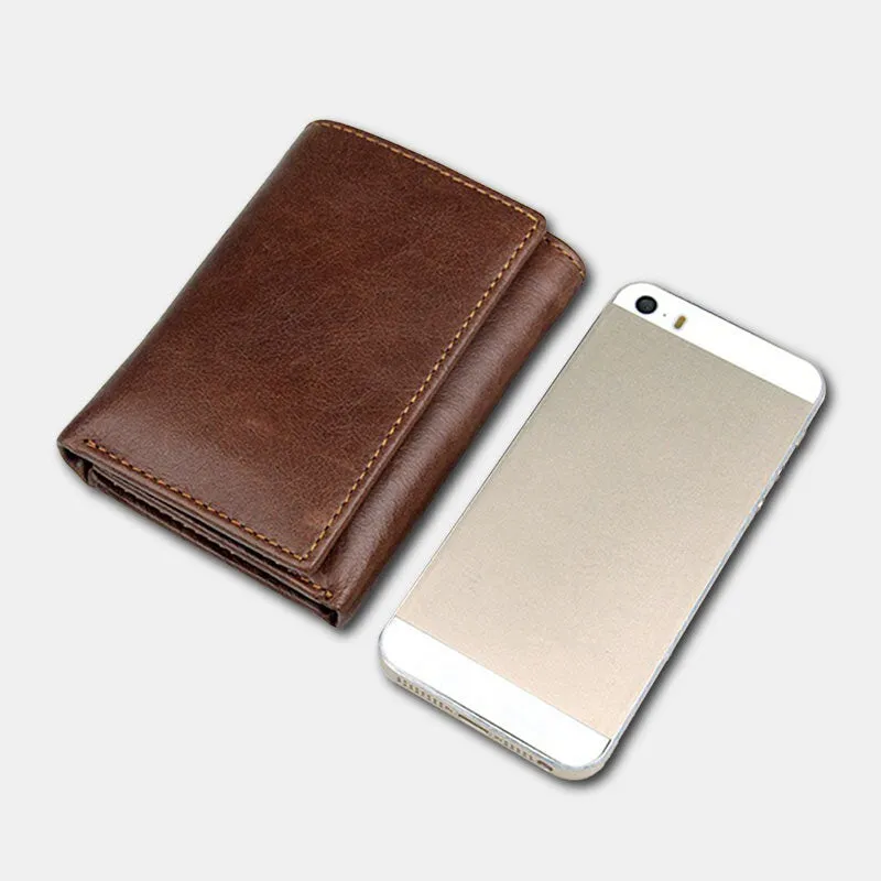 RFID Blocking Genuine Leather Card Holder Vintage Short 7-Card Slots Tri-fold Wallet For Men