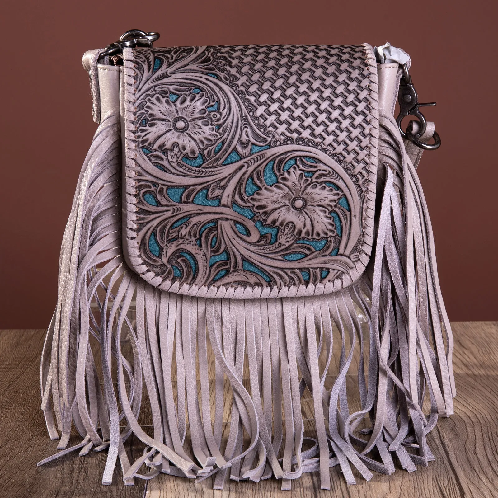 RLC-L162 Montana West Genuine Leather Tooled Collection Fringe Crossbody