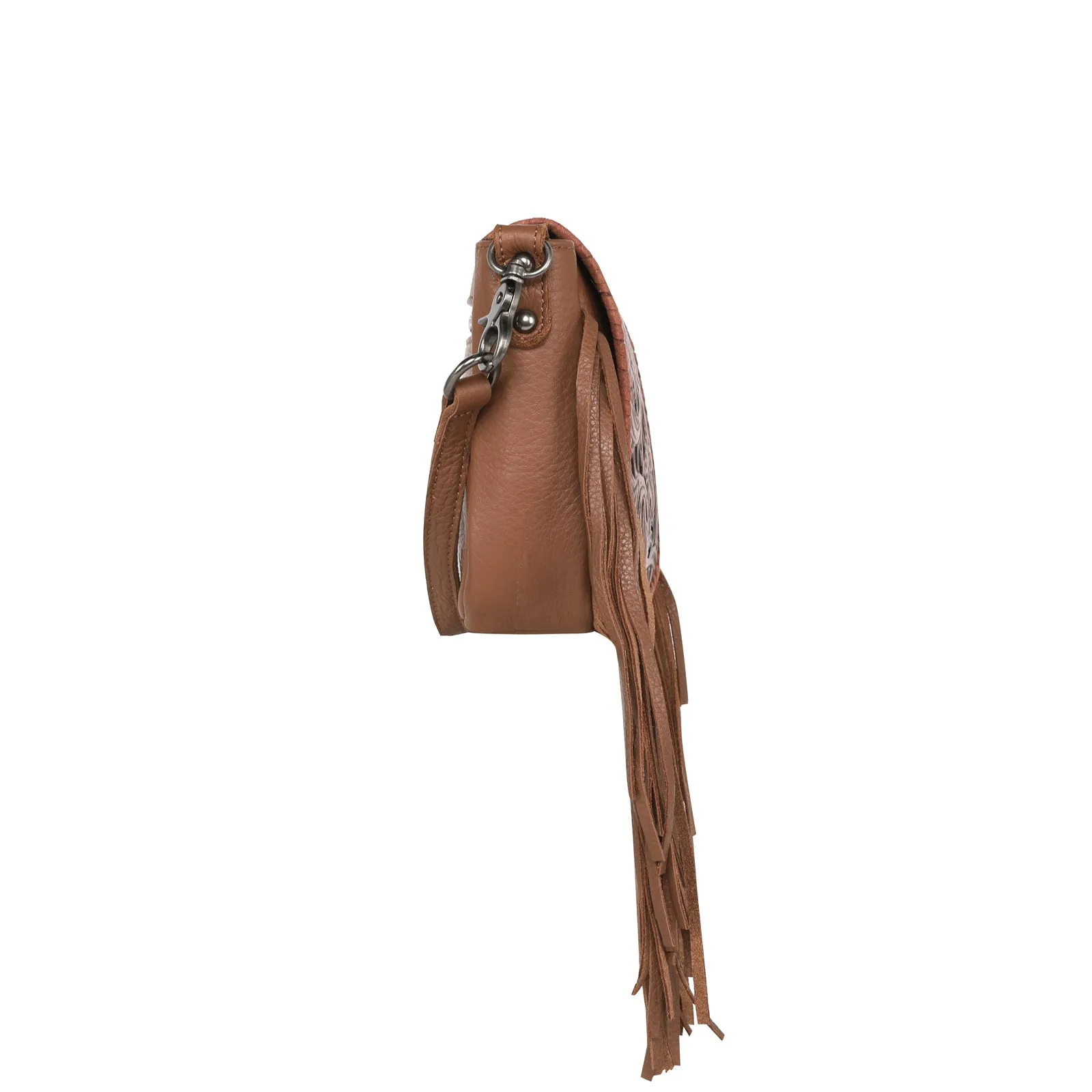 RLC-L162 Montana West Genuine Leather Tooled Collection Fringe Crossbody