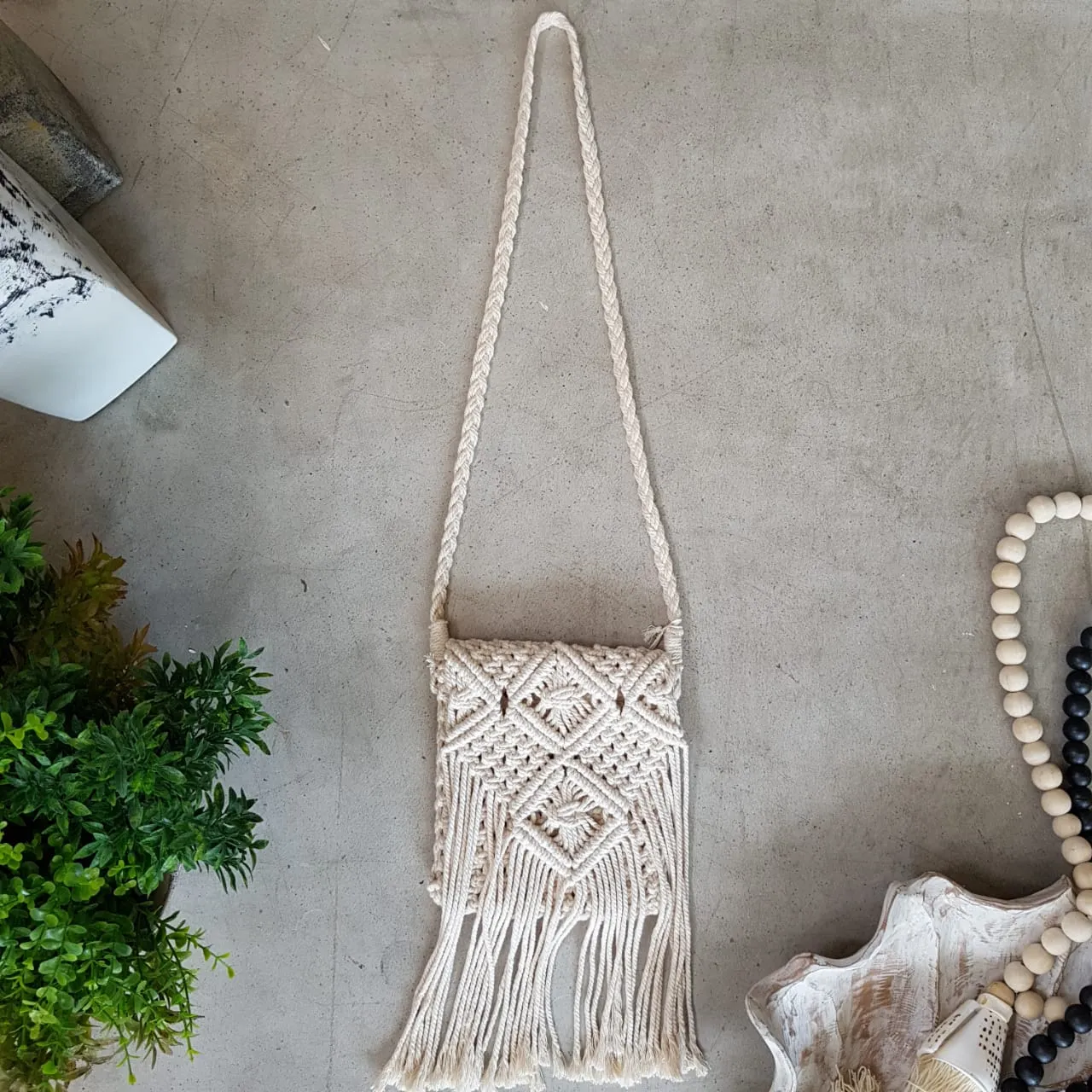 Small Natural Woven White Macrame Bag With Long Fringe