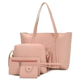 Textured Leather 4 Pieces Shoulder Bag Set - Light Pink