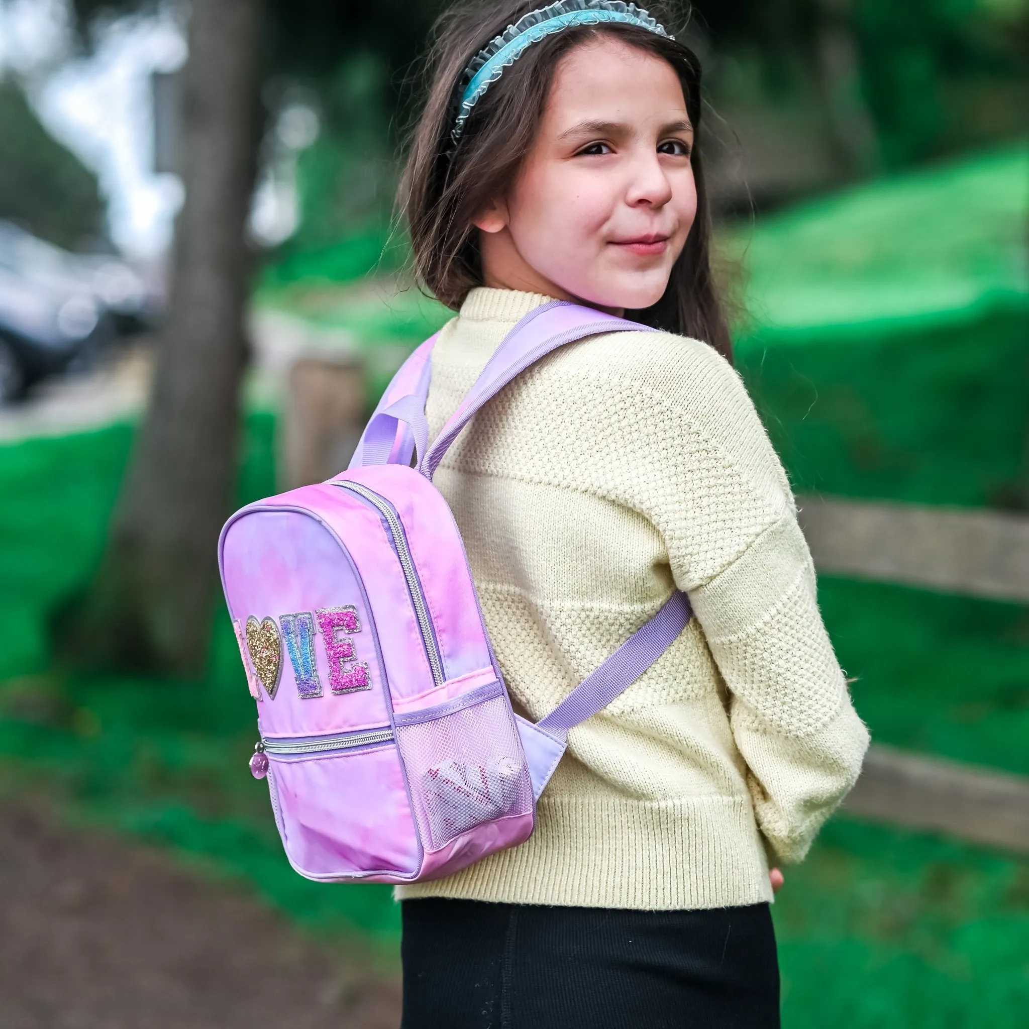 Tie Dye Backpack with Glitter Varsity Patch Letters - Mini