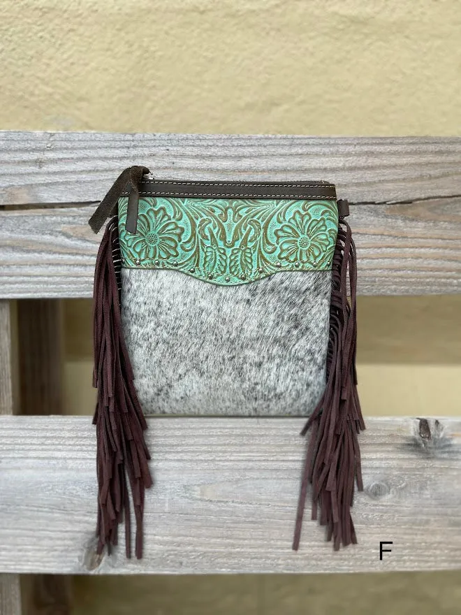 Top Notch Accessories Betty Cowhide Crossbody Fringe Purse In Turquoise