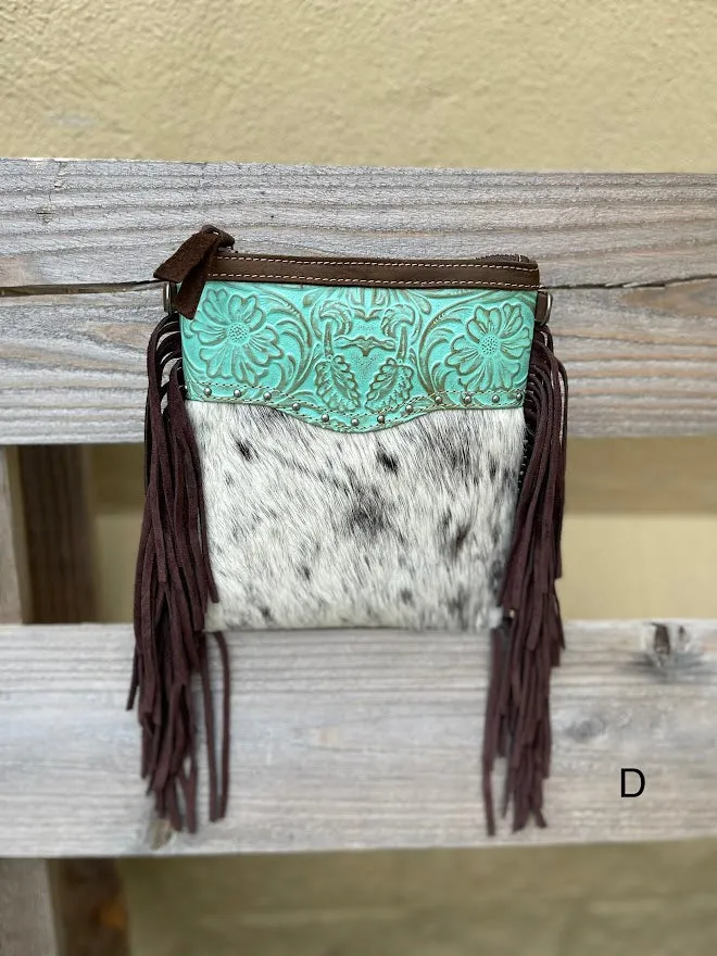 Top Notch Accessories Betty Cowhide Crossbody Fringe Purse In Turquoise